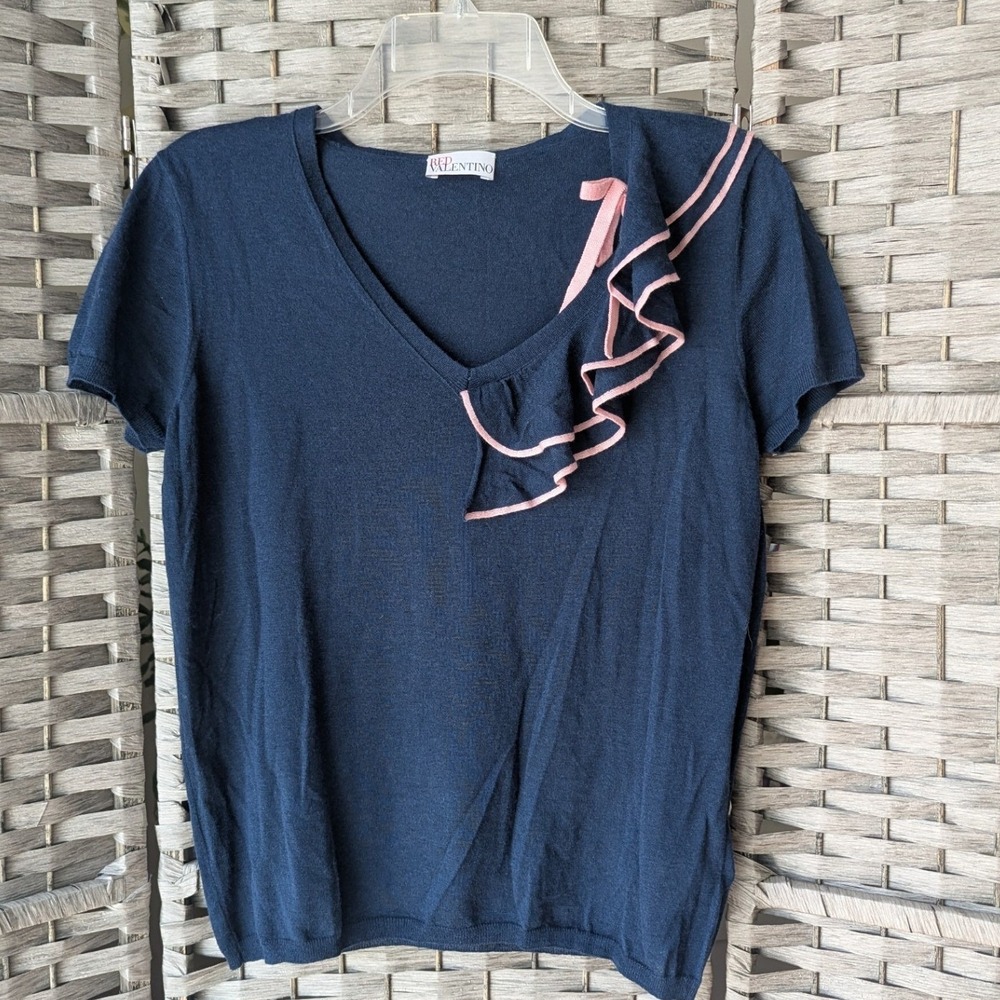 RED Valentino Cashmere & Silk Short Sleeve Sweater Navy Pink Trim Ruffle Sz L